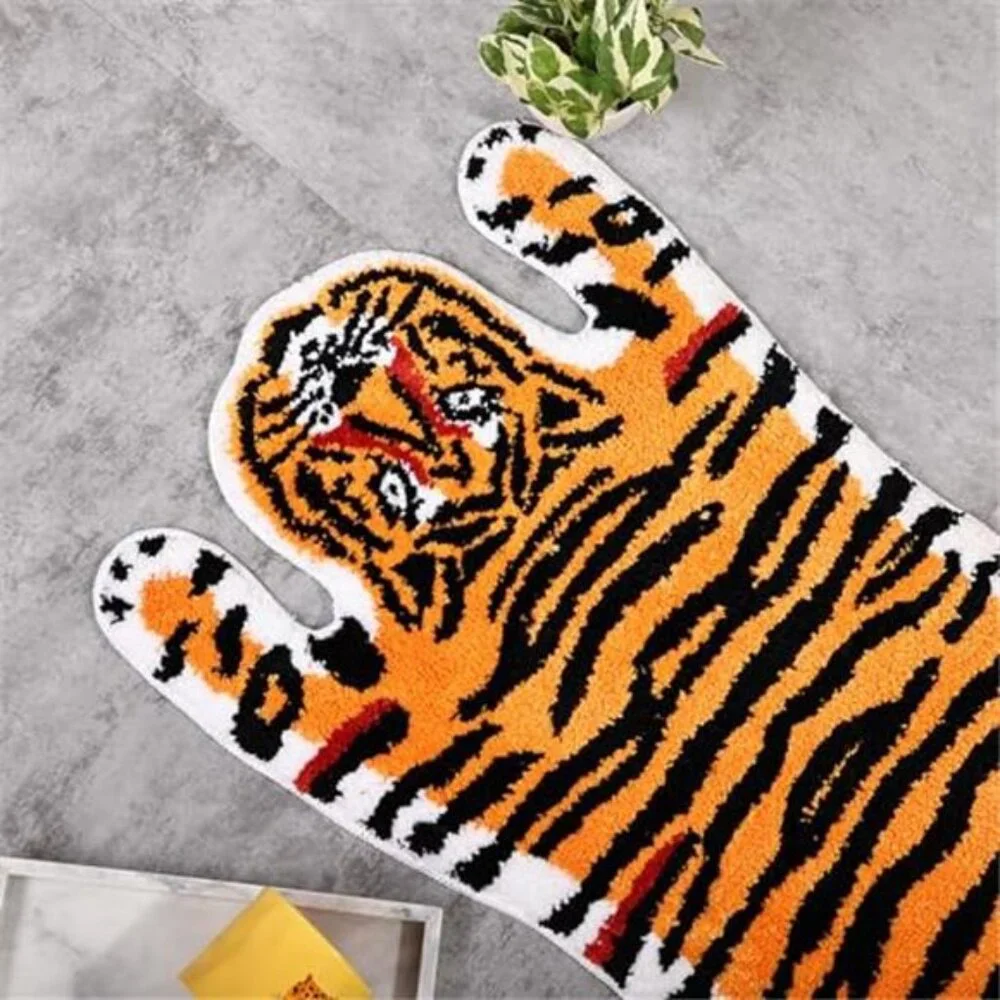 Tiger Bath Mat Cute Animal Shaped Non Slip Plush Bathroom Rug Orange Yellow